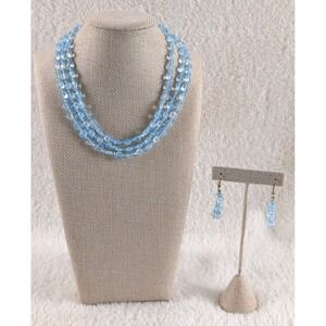 Blue Multi Strand Bead‎ Necklace & Earrings Set Handmade Glass Look Acrylic
